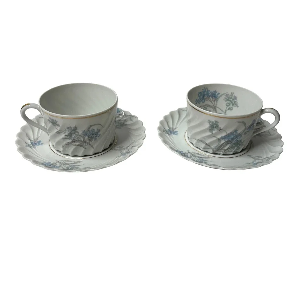 Haviland Limoges Bergere Tea Cup and Saucer Set of 2 Blue Floral France Vintage